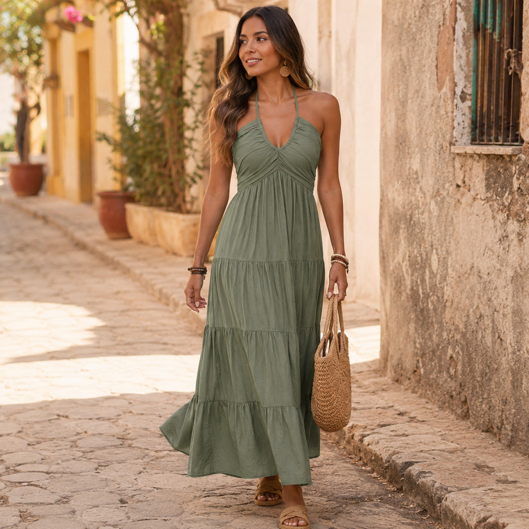 Women's Halter Maxi Dress with Twist Front - Olive Green