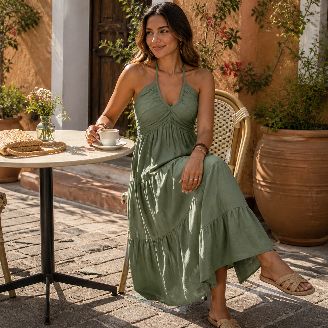Women's Halter Maxi Dress with Twist Front - Olive Green