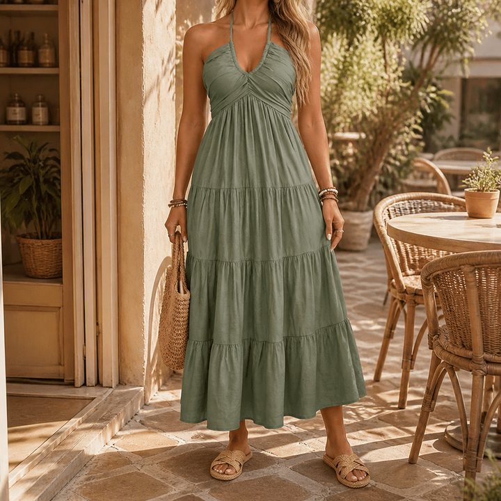 Women's Halter Maxi Dress with Twist Front - Olive Green