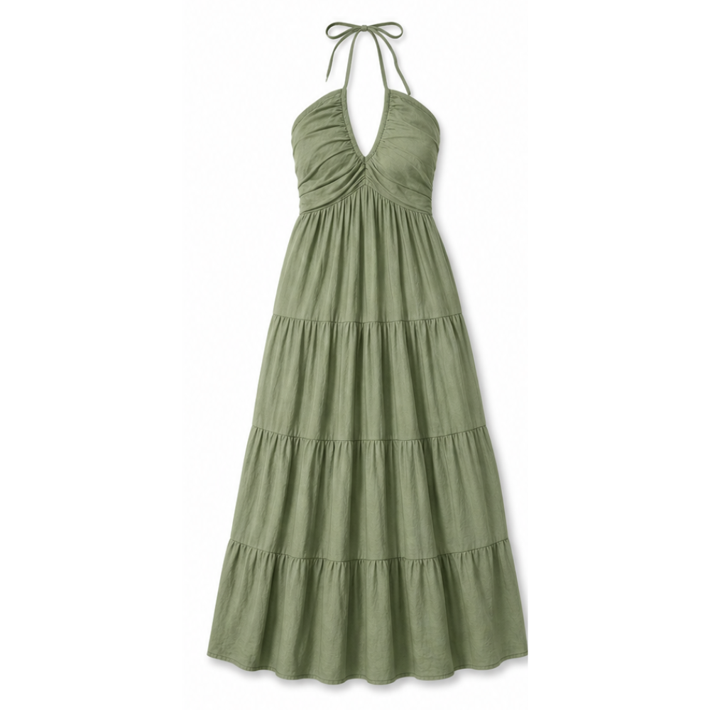 Women's Halter Maxi Dress with Twist Front - Olive Green - Olive Green