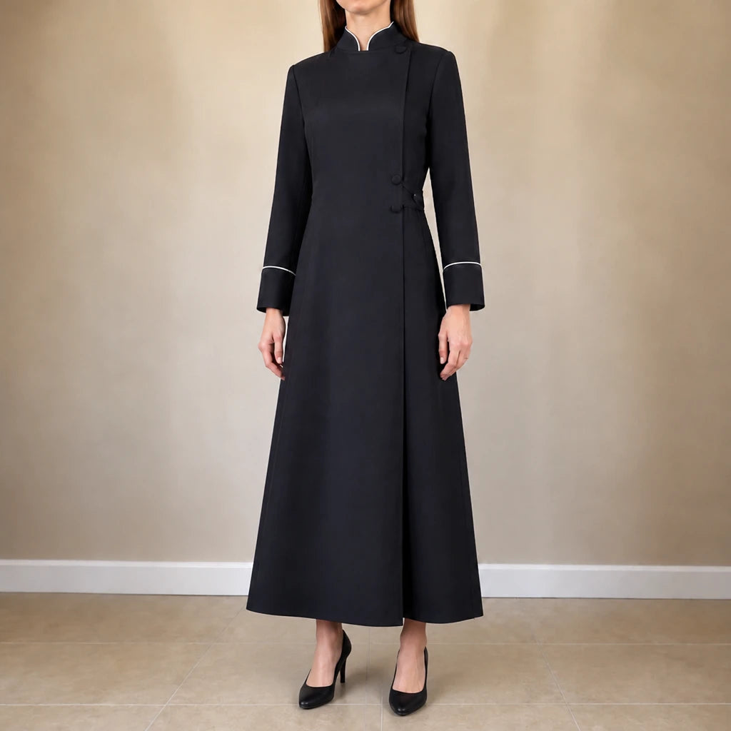 Women's High-Collar Clergy Robe in black, Structured Maxi Dress