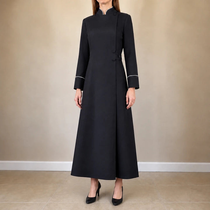 Women's High-Collar Clergy Robe in black, Structured Maxi Dress