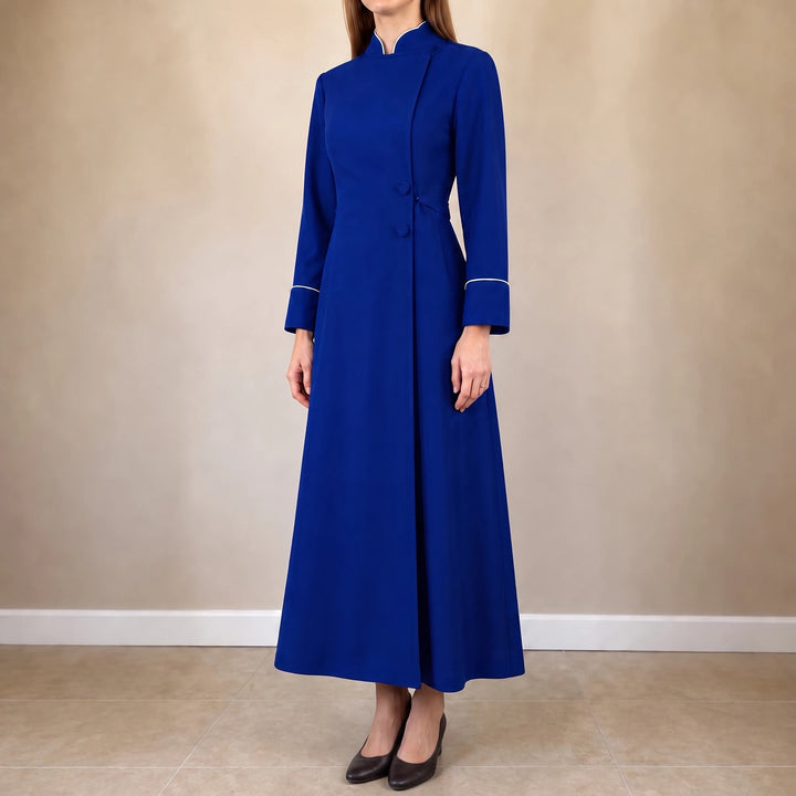 Women's High-Collar Clergy Robe in royal blue, Structured Maxi Dress