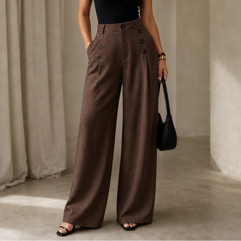 Women's High-Waisted Pleated Wide-Leg Trousers in brown, Tailored Comfort