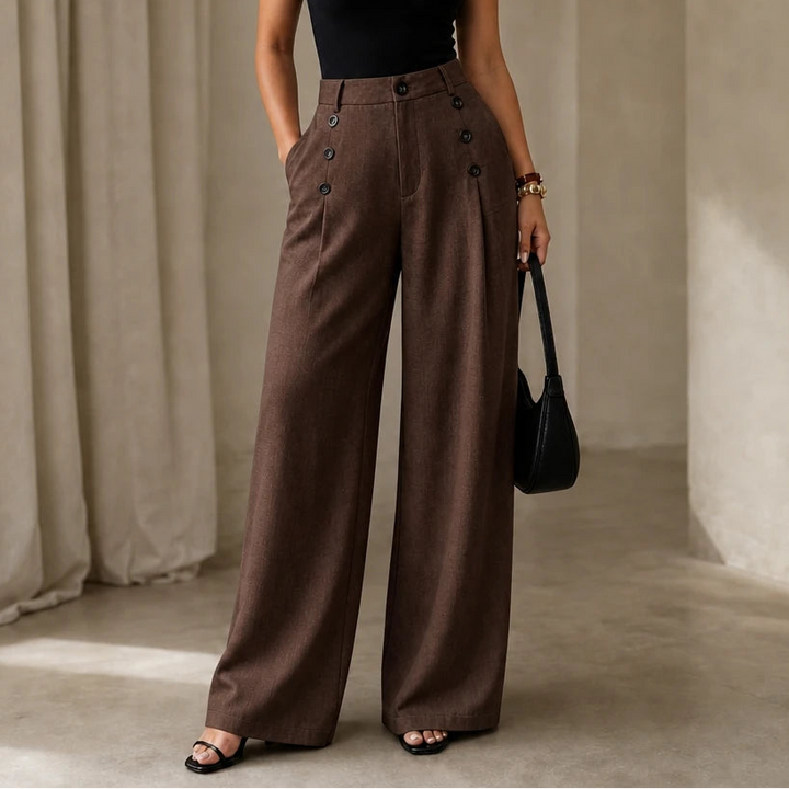 Women's High-Waisted Pleated Wide-Leg Trousers in brown, Tailored Comfort