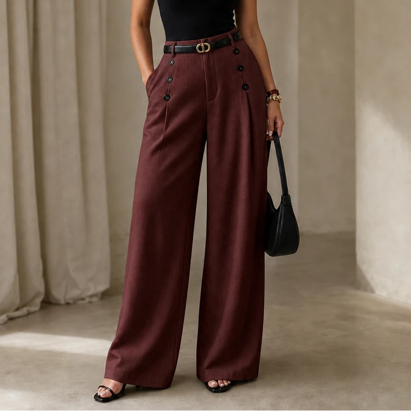 Women's High-Waisted Pleated Wide-Leg Trousers in burgundy, Tailored Comfort