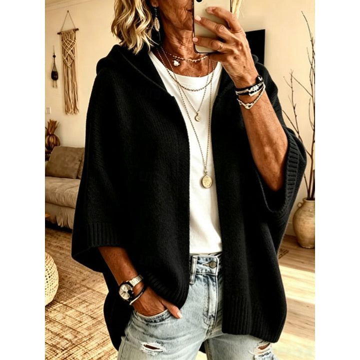 Women's Hooded Open-Front Cardigan in black, Cozy Relaxed Fit