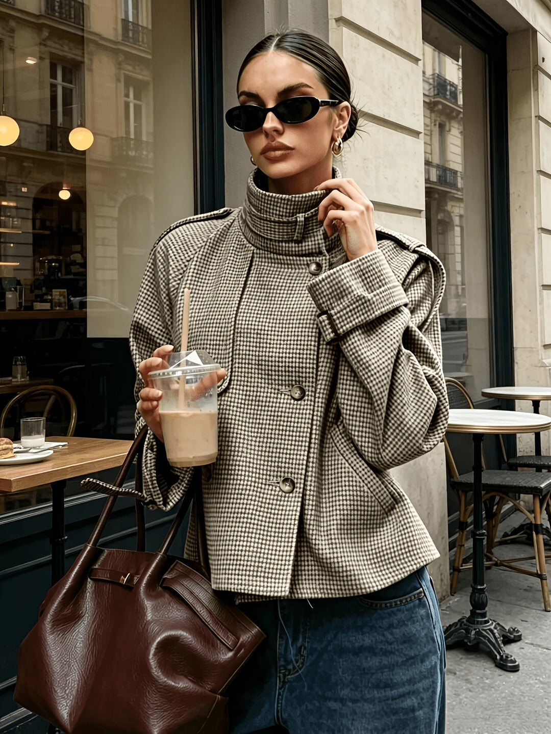 Women's Houndstooth Stand-Collar Jacket - Cropped Khaki