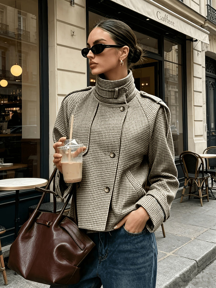 Women's Houndstooth Stand-Collar Jacket - Cropped Khaki
