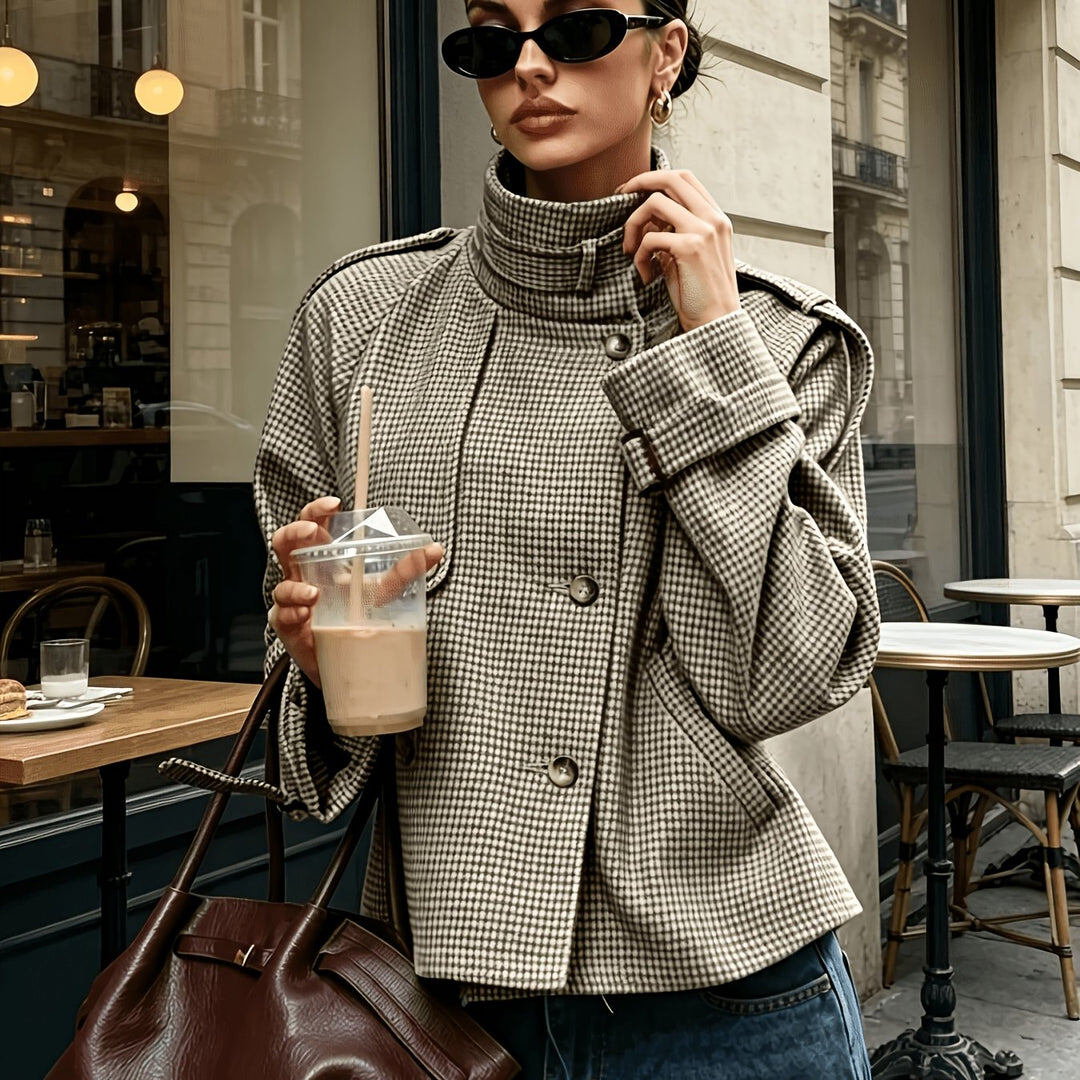 Women's Houndstooth Stand-Collar Jacket in khaki, Cropped Khaki