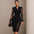 Women's Lace-Sleeve Wrap Dress with Asymmetric Hem - Black