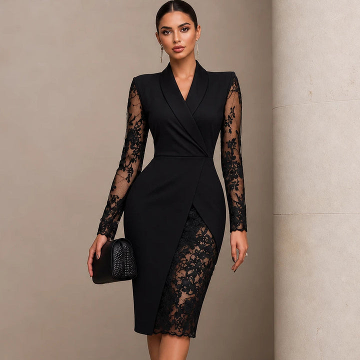 Women's Lace-Sleeve Wrap Dress with Asymmetric Hem in black, Black