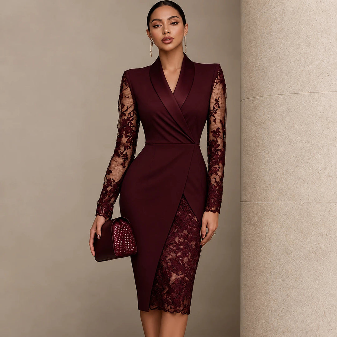 Women's Lace-Sleeve Wrap Dress with Asymmetric Hem in burgundy, Black