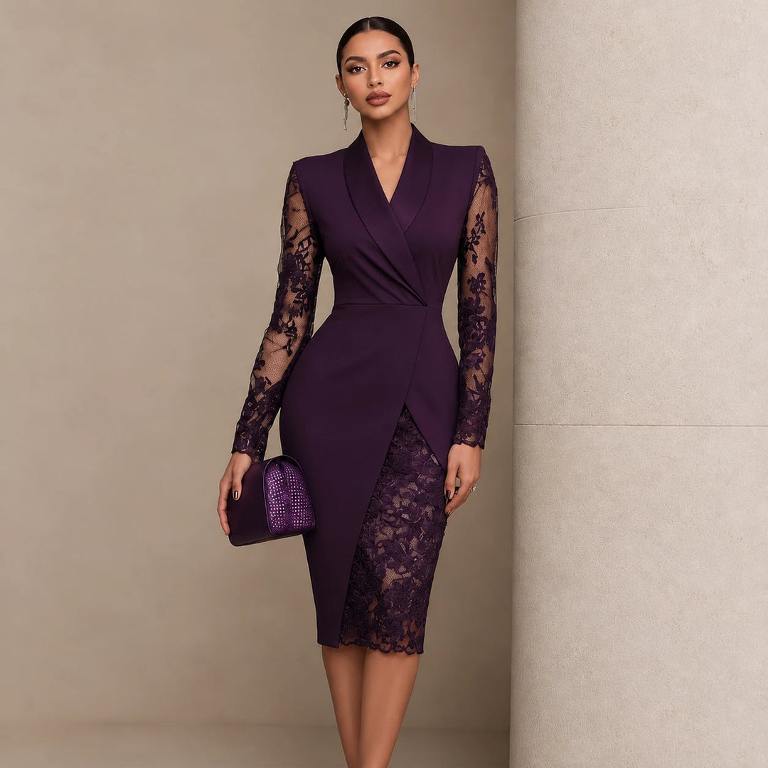 Women's Lace-Sleeve Wrap Dress with Asymmetric Hem in deep purple, Black
