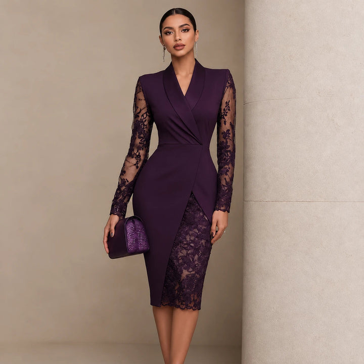 Women's Lace-Sleeve Wrap Dress with Asymmetric Hem in deep purple, Black