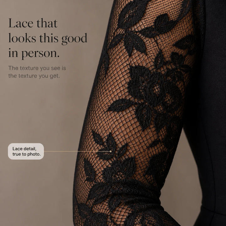 Women's Lace-Sleeve Wrap Dress with Asymmetric Hem - Black