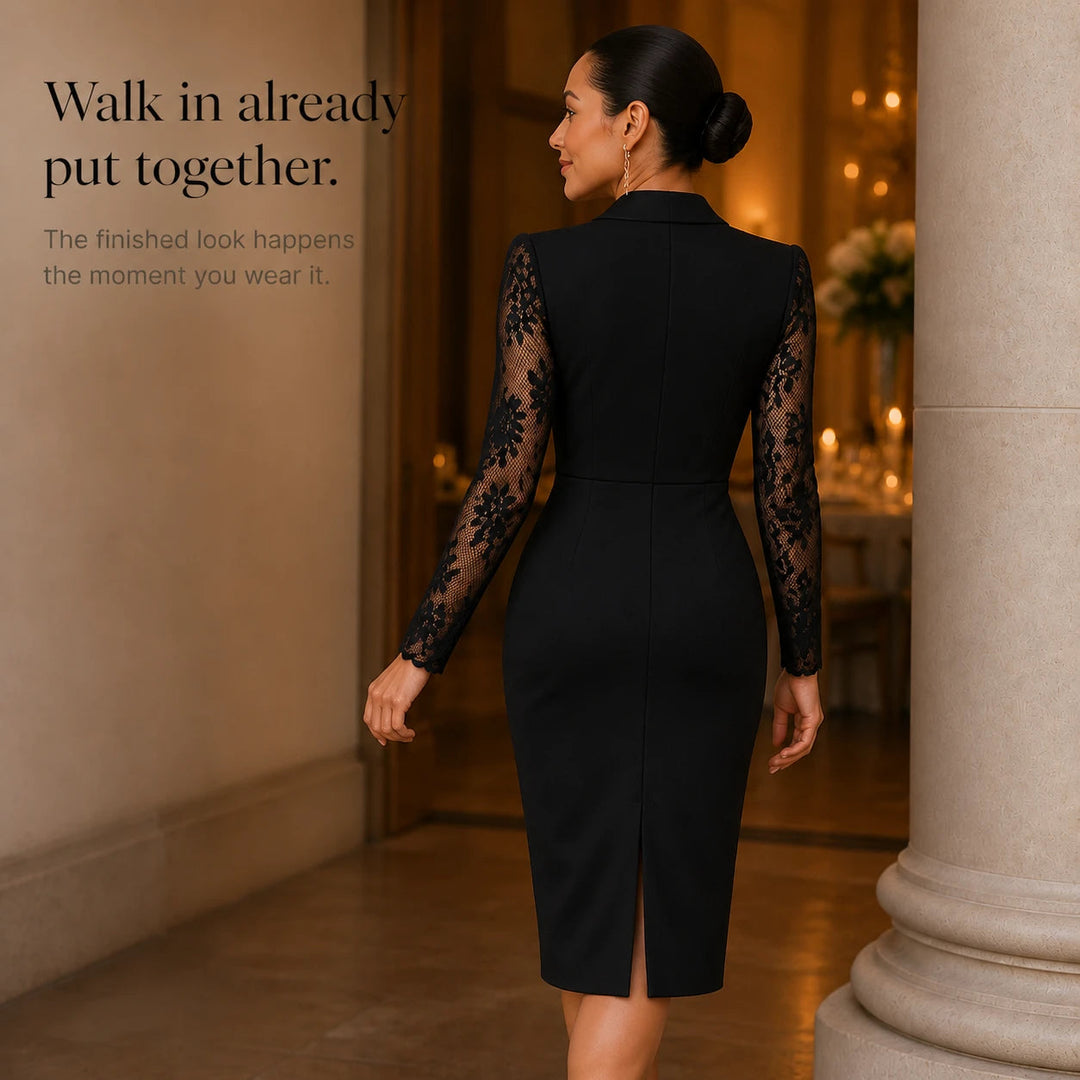 Women's Lace-Sleeve Wrap Dress with Asymmetric Hem - Black
