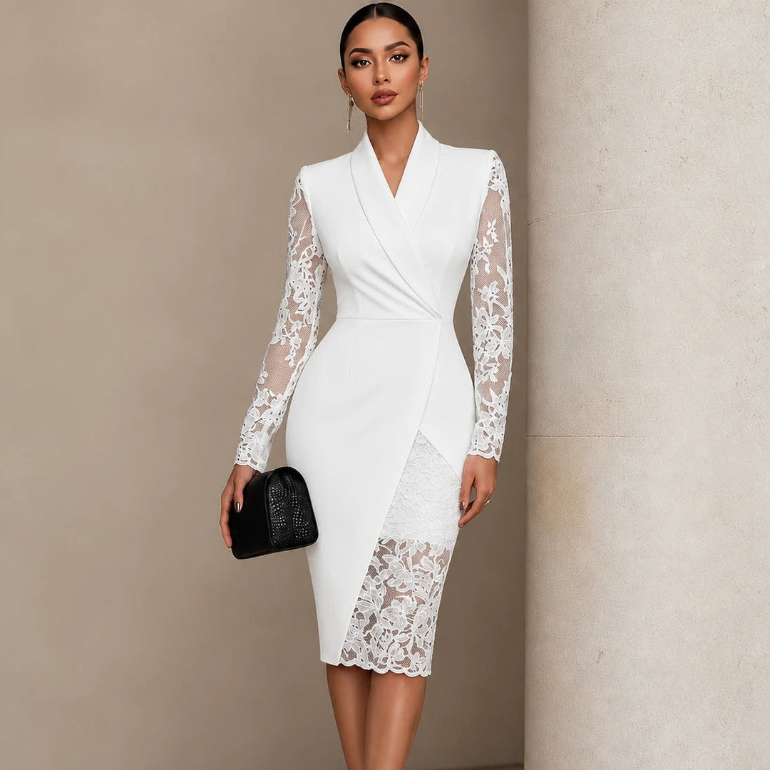Women's Lace-Sleeve Wrap Dress with Asymmetric Hem in white, Black