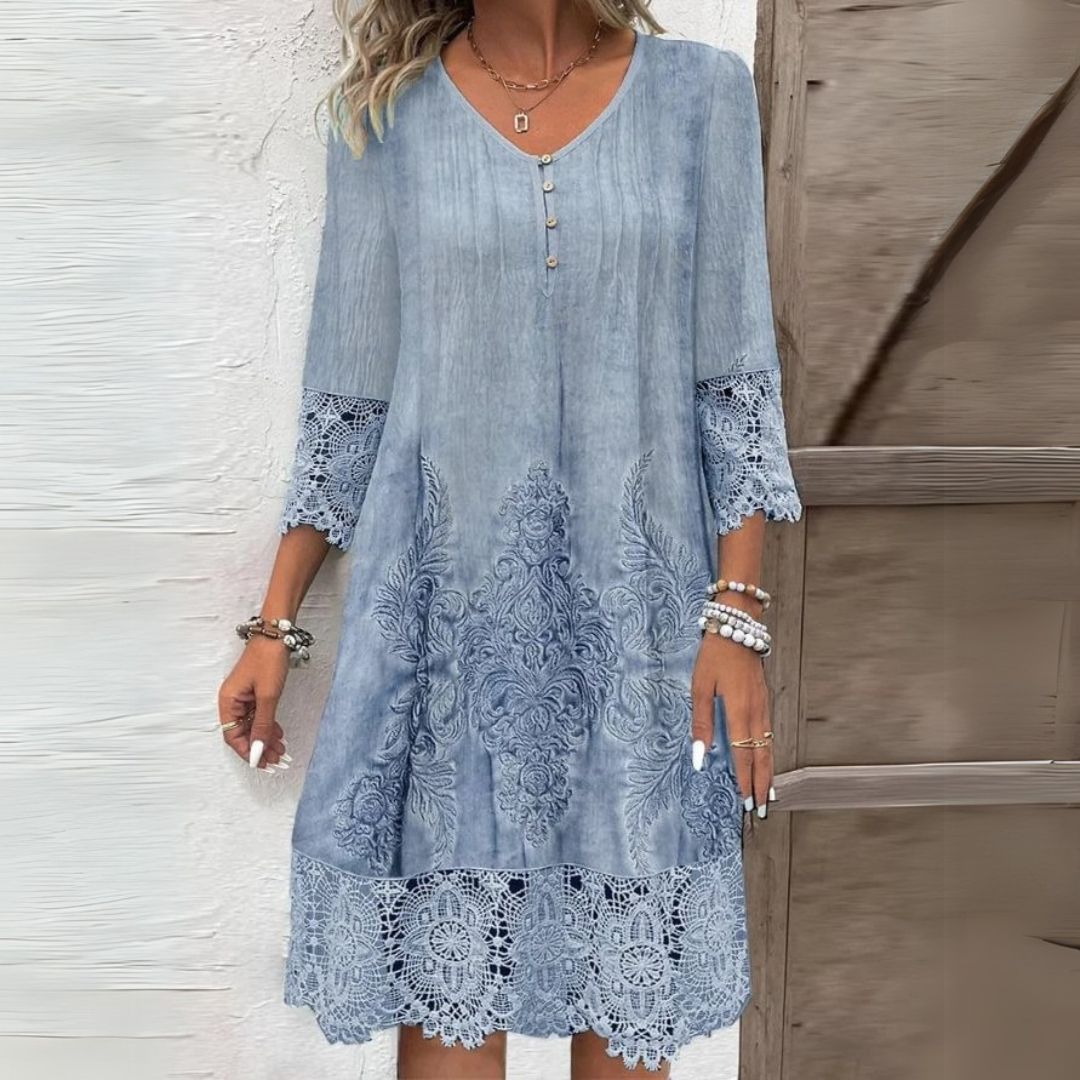 Women's Lace-Trim Midi Dress in blue, Elegant V-Neck
