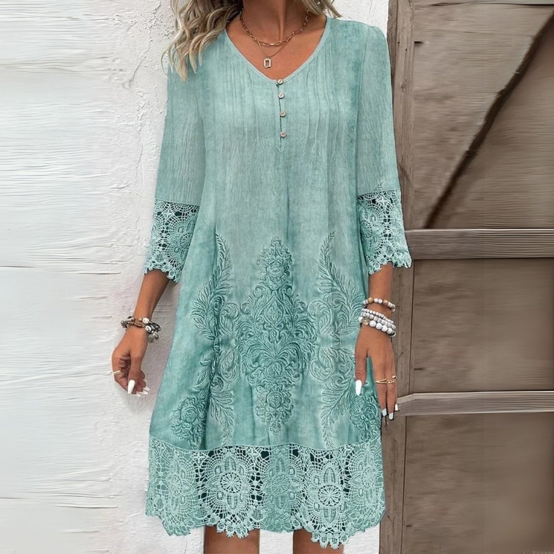 Women's Lace-Trim Midi Dress in green, Elegant V-Neck