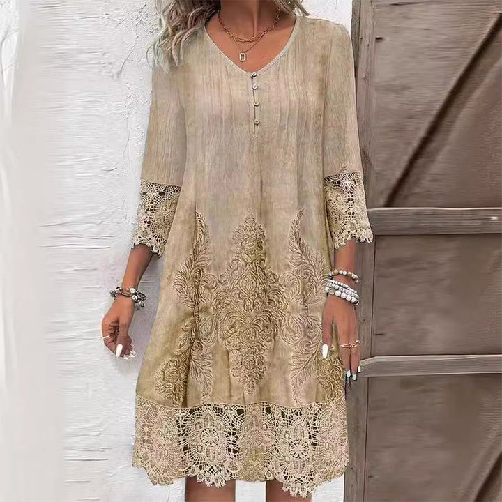 Women's Lace-Trim Midi Dress in khaki, Elegant V-Neck