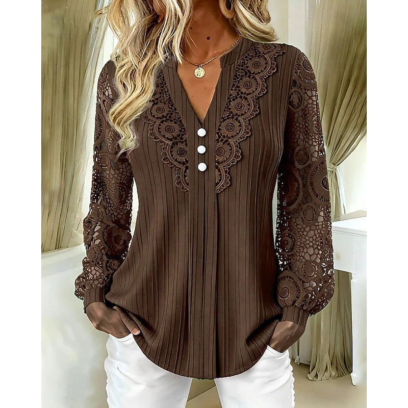 Women's Lace-Trimmed Long Sleeve Blouse in brown, V-Neck