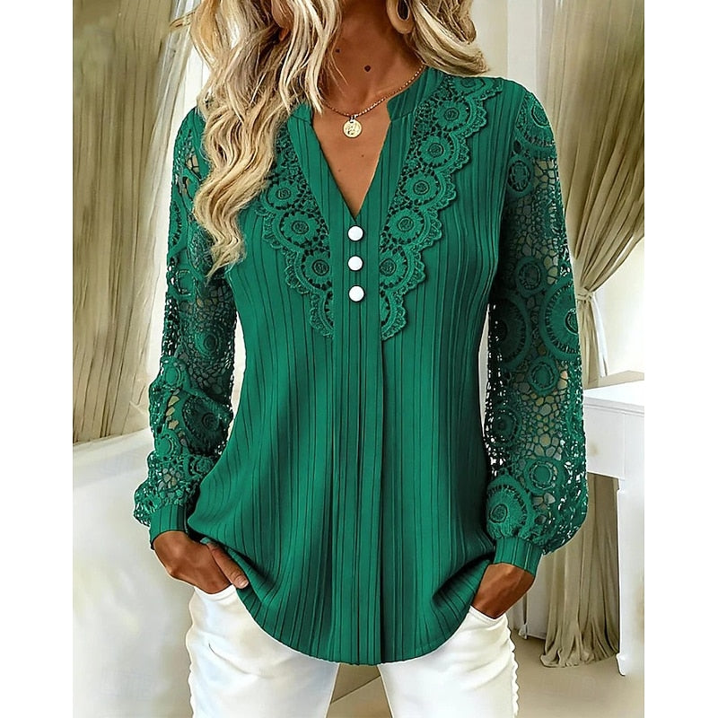 Women's Lace-Trimmed Long Sleeve Blouse in green, V-Neck
