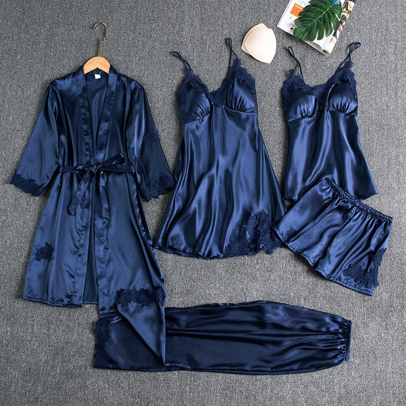 Women's Lace-Trimmed Pajama Set in blue, Four-Piece Loungewear