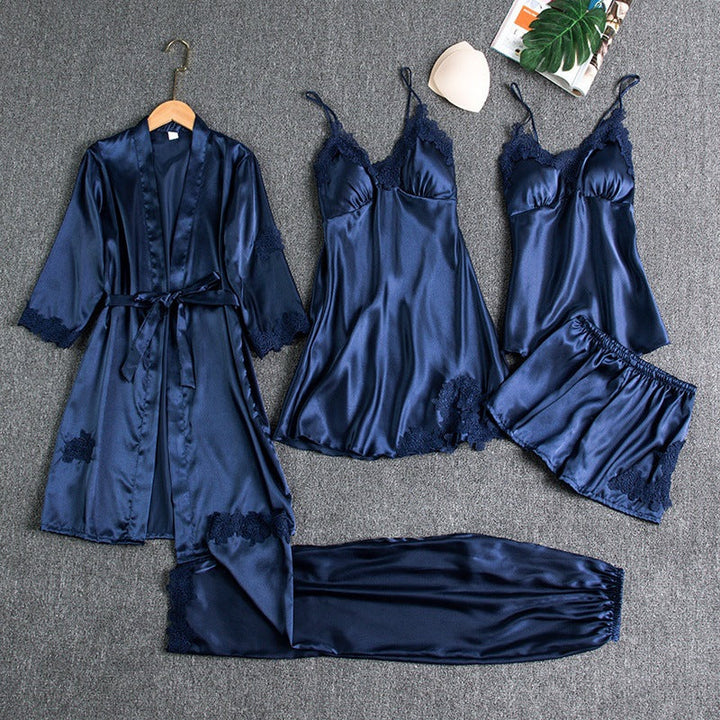 Women's Lace-Trimmed Pajama Set in blue, Four-Piece Loungewear