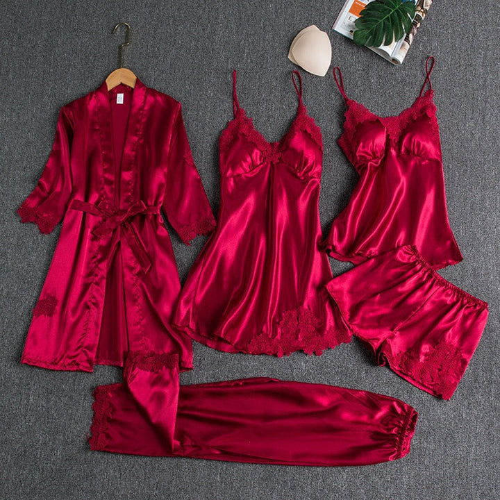 Women's Lace-Trimmed Pajama Set in red, Four-Piece Loungewear
