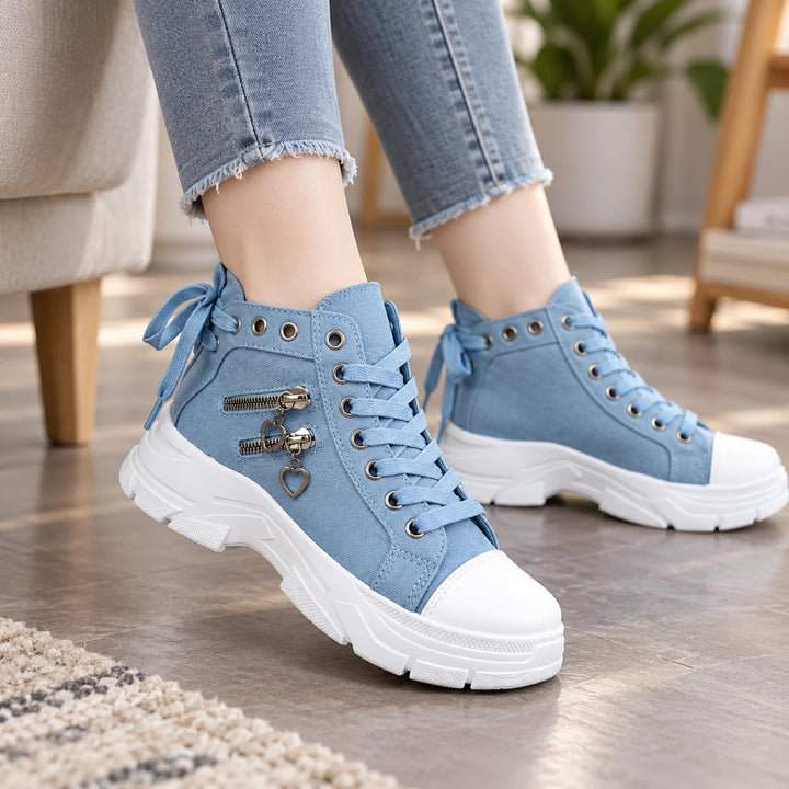 Women's Lace-Up Platform Ankle Boots in blue, Flexible Sole Sneaker Style