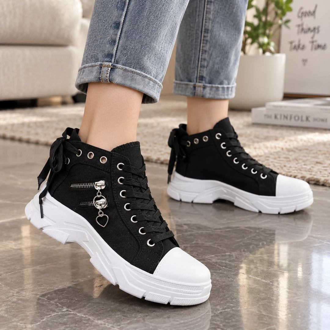 Women's Lace-Up Platform Ankle Boots in denim black, Flexible Sole Sneaker Style