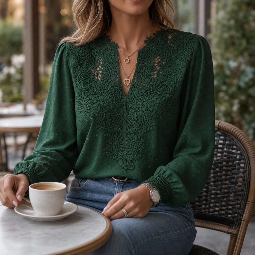 Women's Lace V-Neck Long-Sleeve Blouse - Soft & Versatile