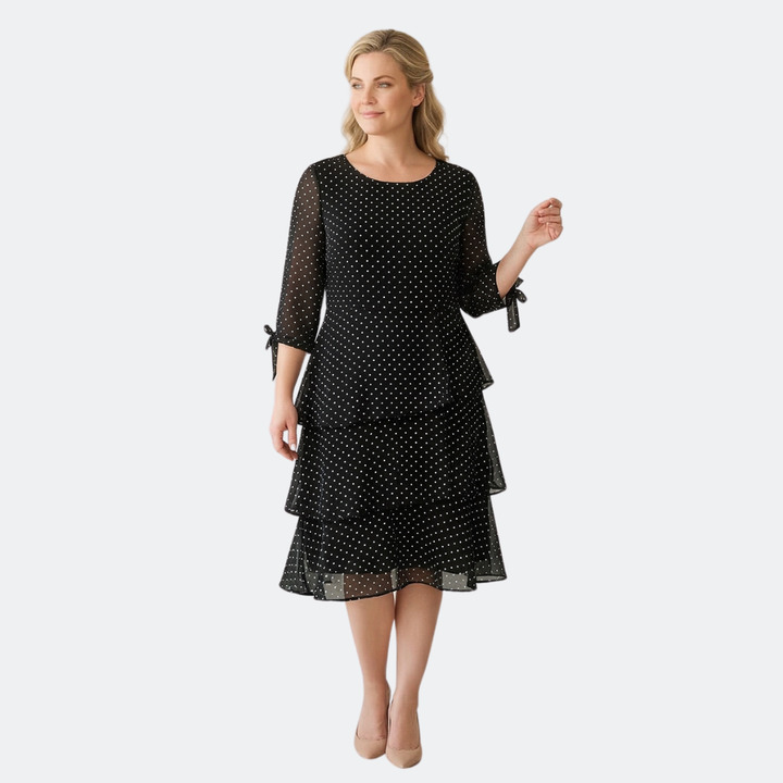 Women's Layered Chiffon Polka Dot Dress - Tiered Flowy Style - Black