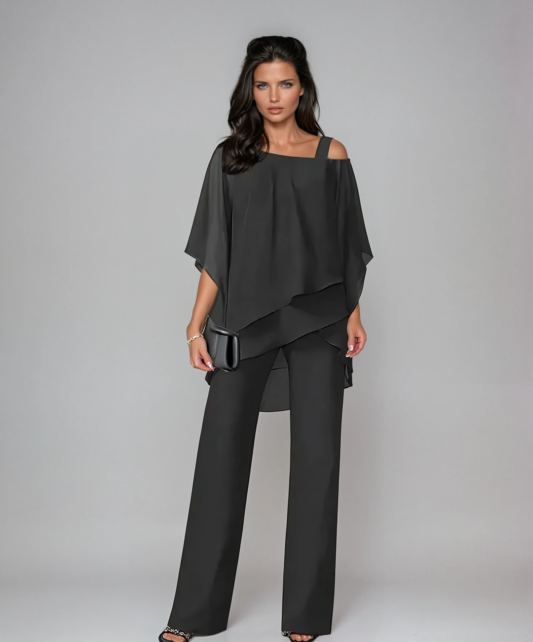 Women's Layered Two-Piece Set - Elegant Tiered Design - Black