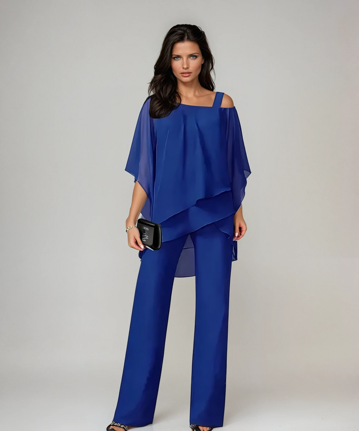 Women's Layered Two-Piece Set - Elegant Tiered Design - Blue