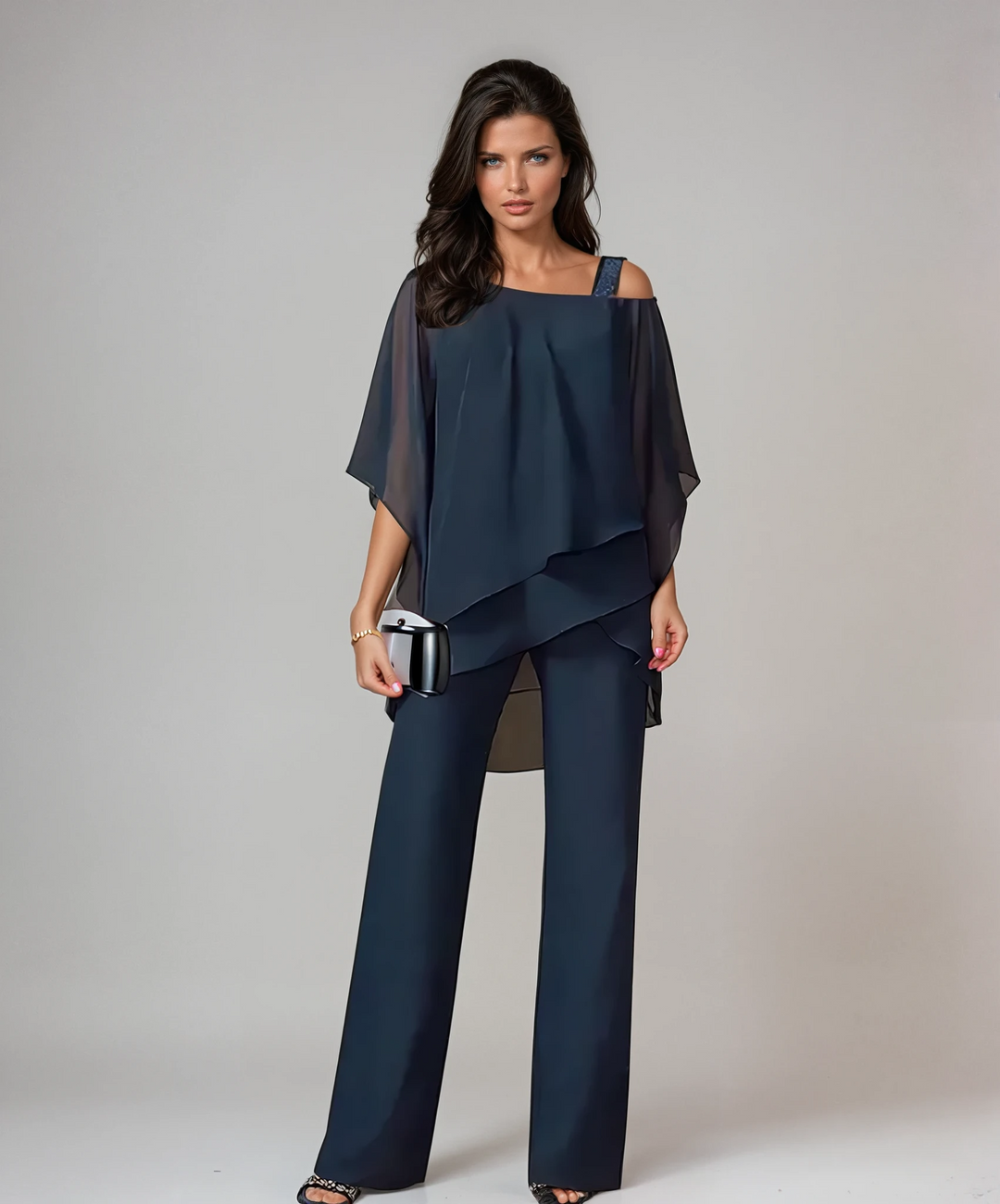 Women's Layered Two-Piece Set - Elegant Tiered Design - Navy