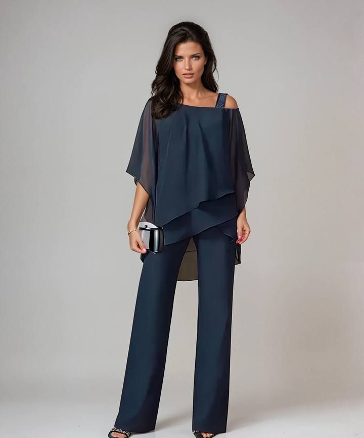 Women's Layered Two-Piece Set - Elegant Tiered Design - Navy