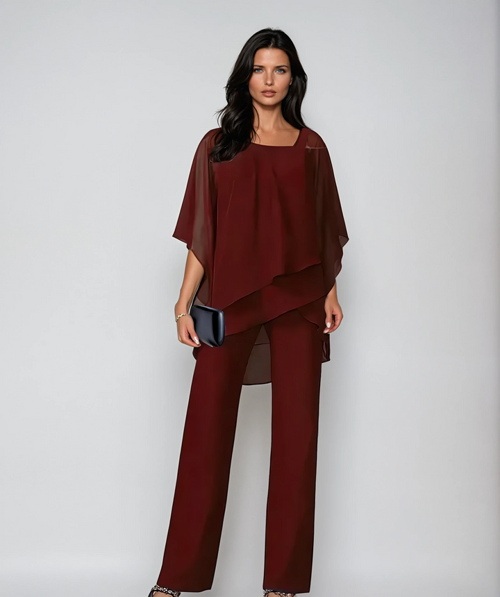 Women's Layered Two-Piece Set - Elegant Tiered Design - Red