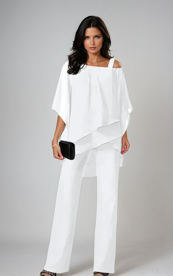 Women's Layered Two-Piece Set - Elegant Tiered Design - White