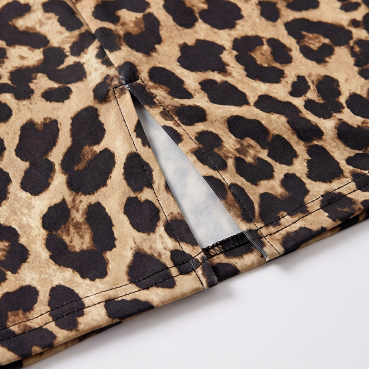 Women's Leopard Print Midi Dress - V-Neck Puff Sleeve