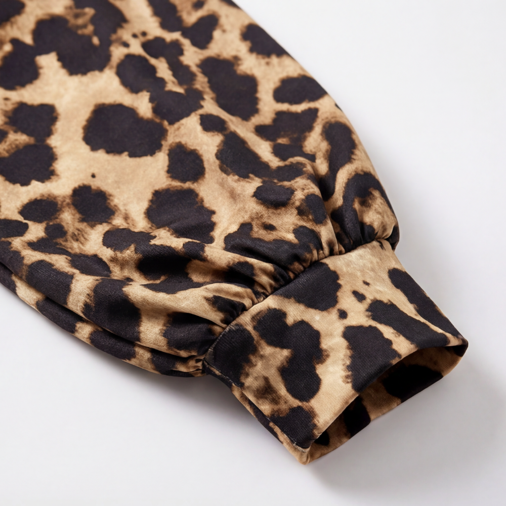 Women's Leopard Print Midi Dress - V-Neck Puff Sleeve
