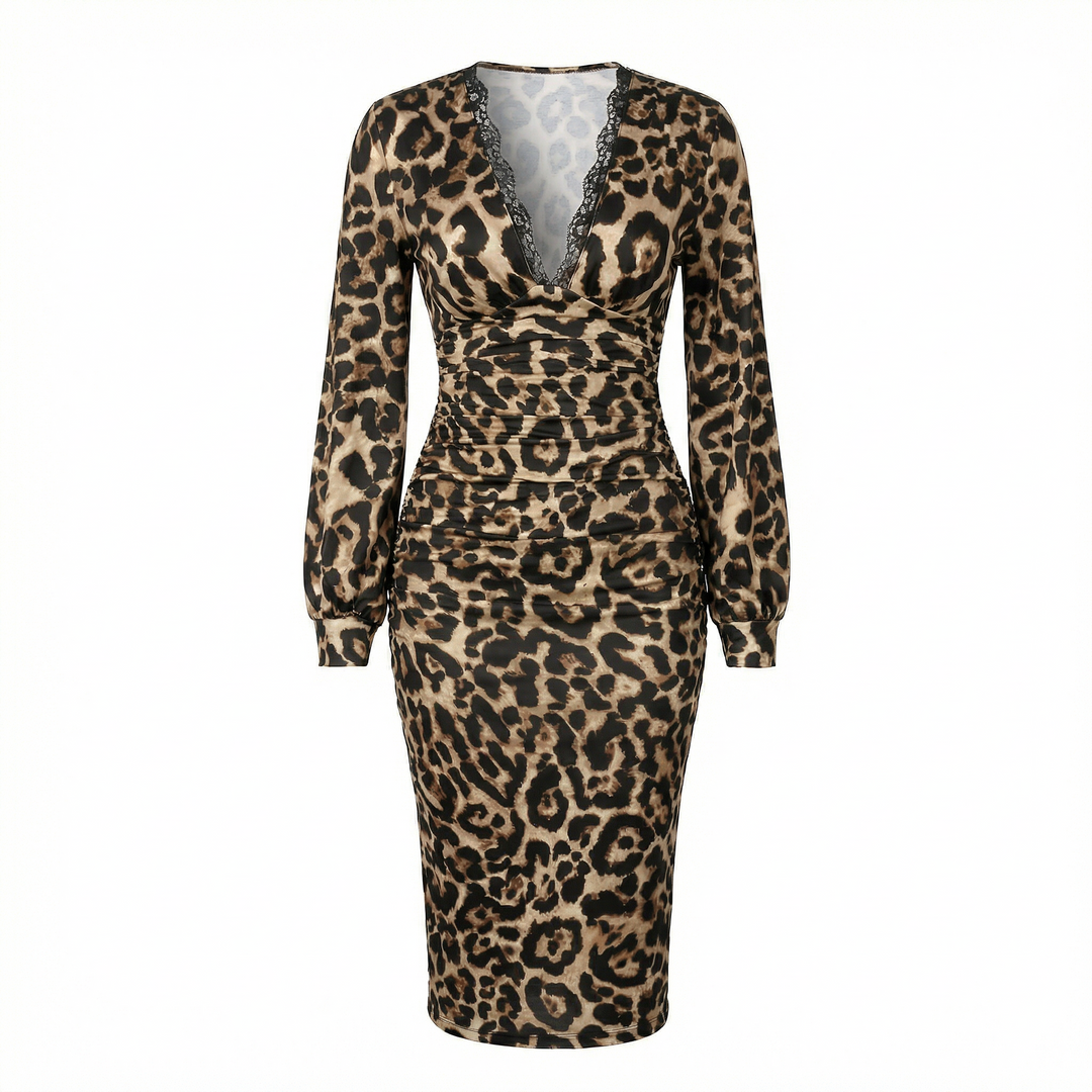 Women's Leopard Print Midi Dress - V-Neck Puff Sleeve - Leopard Print
