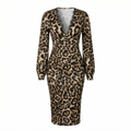 Women's Leopard Print Midi Dress - V-Neck Puff Sleeve