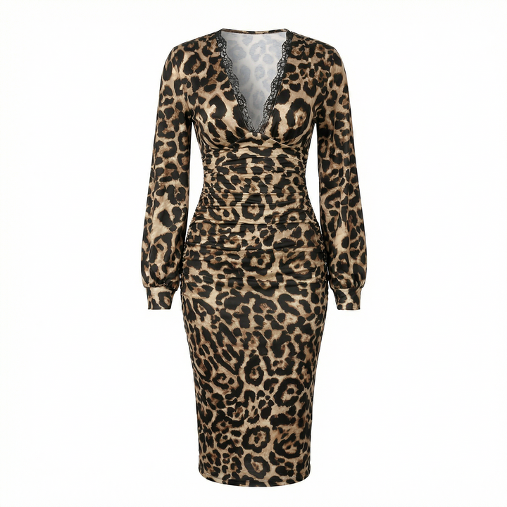 Women's Leopard Print Midi Dress - V-Neck Puff Sleeve - Leopard Print