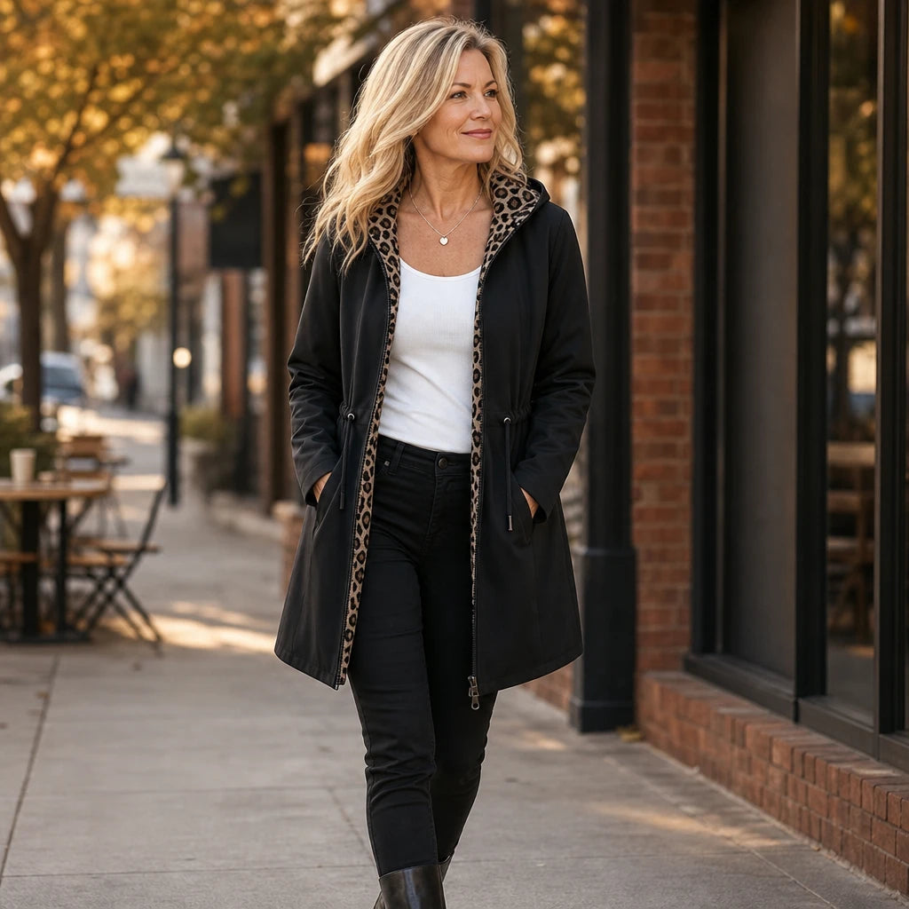 Women's Leopard Print Reversible Hooded Jacket - Two-Way Wear