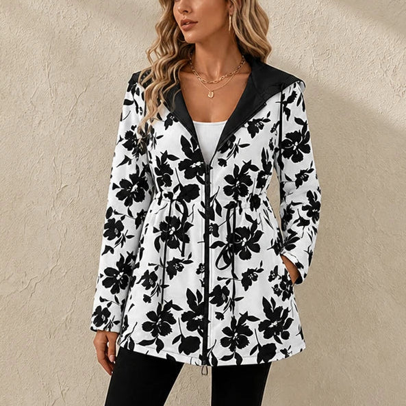 Women's Leopard Print Reversible Hooded Jacket in floral print, Two-Way Wear