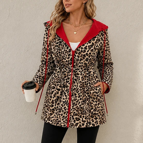 Women's Leopard Print Reversible Hooded Jacket in red, Two-Way Wear