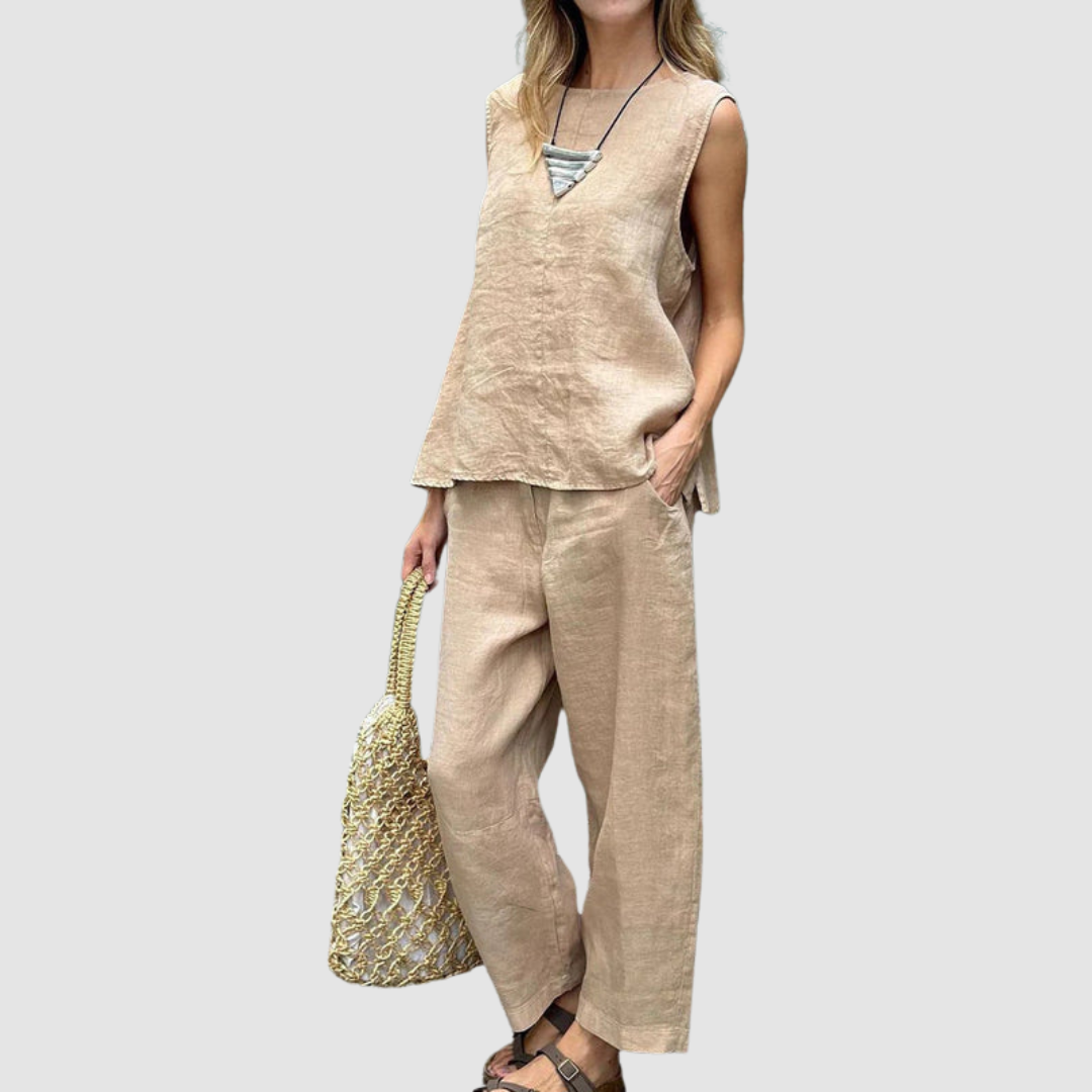 Women's Lightweight Two-Piece Summer Set - Sleeveless Top & Wide-Leg P - Beige