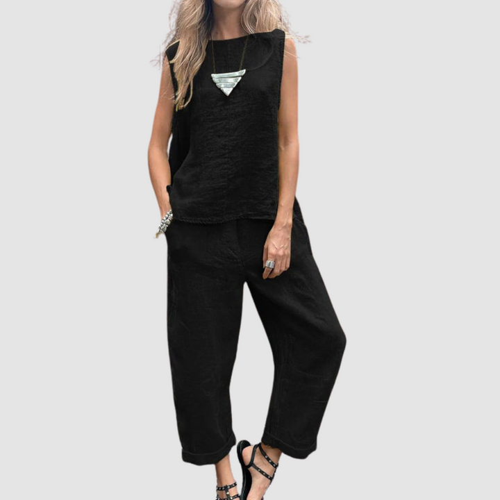 Women's Lightweight Two-Piece Summer Set - Sleeveless Top & Wide-Leg P - Black